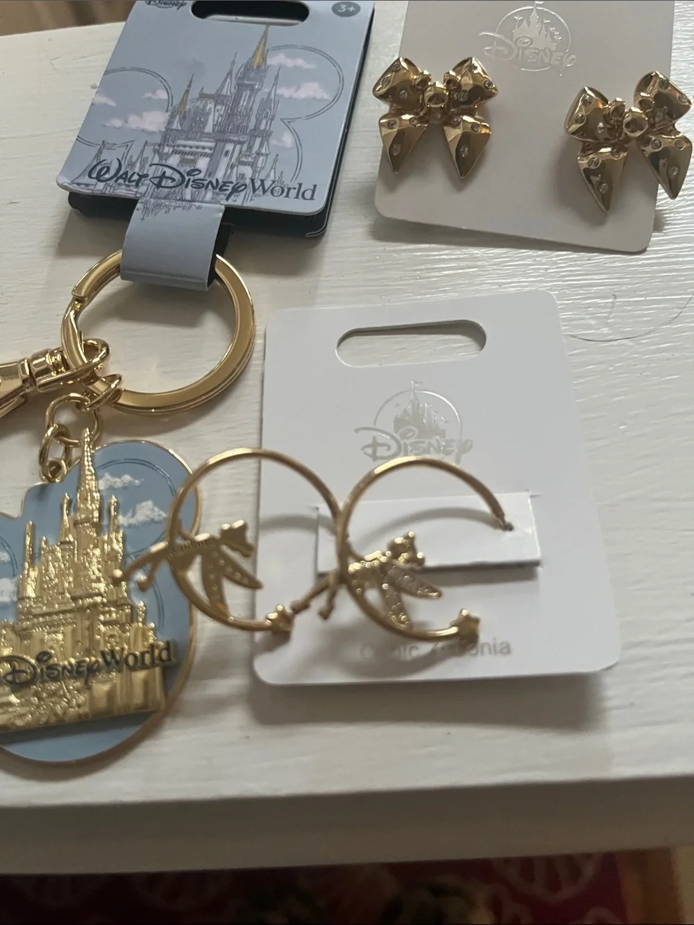 Disney Gold and Blue Castle Keychain with Coordinating Gold Jewelry Set. NEW